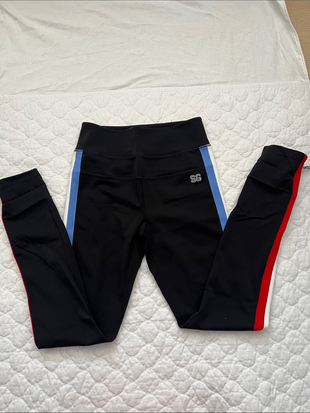 Women’s Black Athletic Leggings with Blue and Red Side Stripes